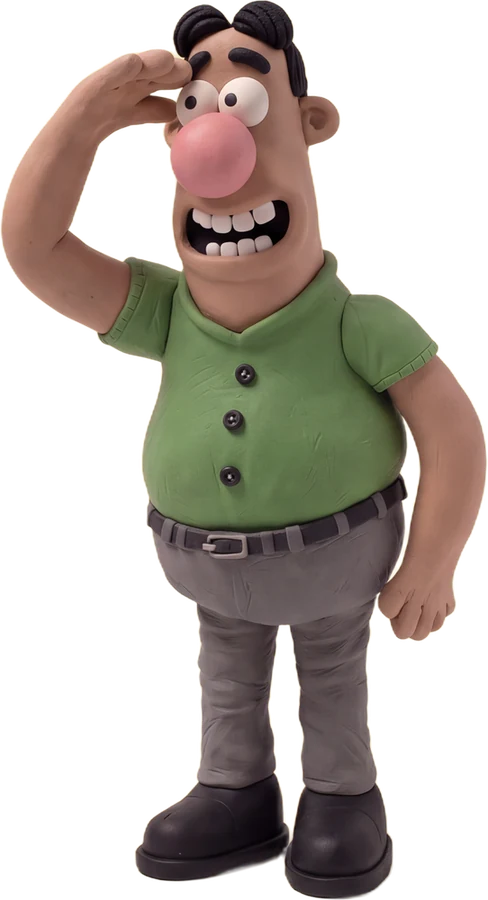 Clay dad shading his eyes, grinning