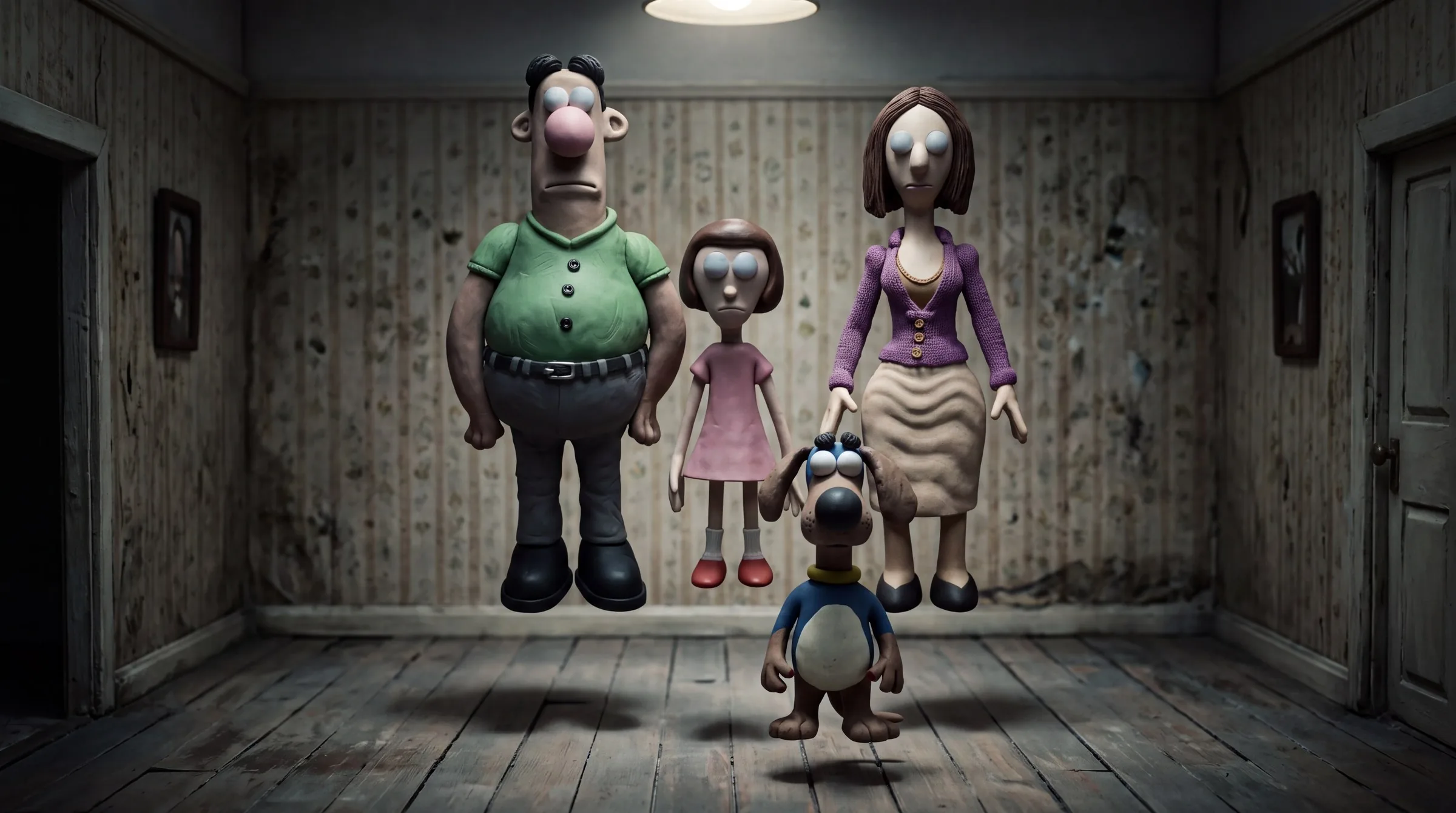 The clay family standing blank-eyed in a dim, peeling room