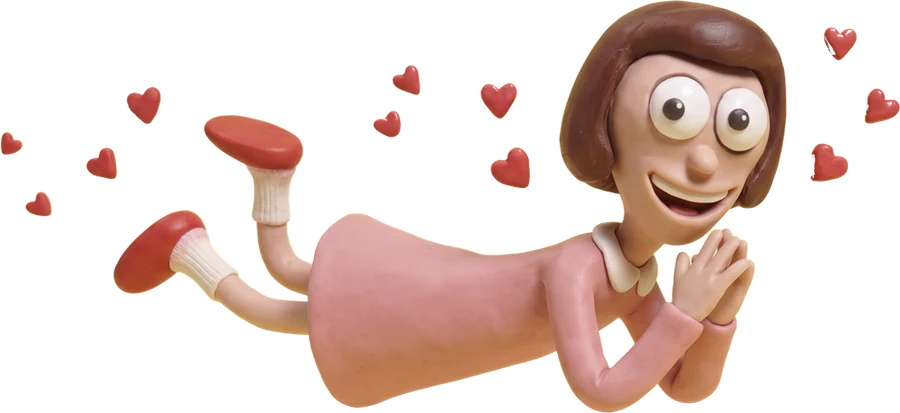 Clay girl flying with a trail of hearts