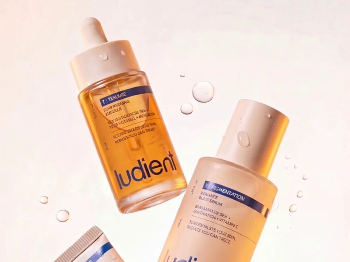 Ludient serum bottles floating with water droplets