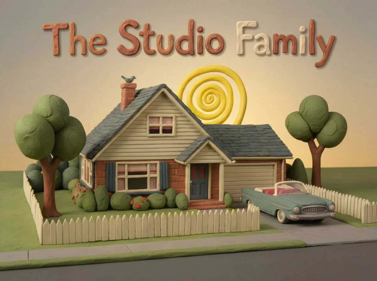 The Studio Family title card: a clay suburban house with a spiral sun