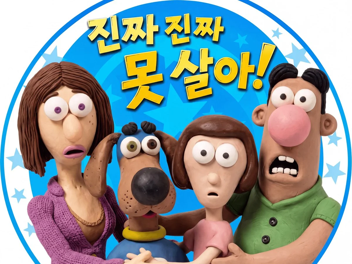 This Family Again! key art: the clay family and their dog, wide-eyed